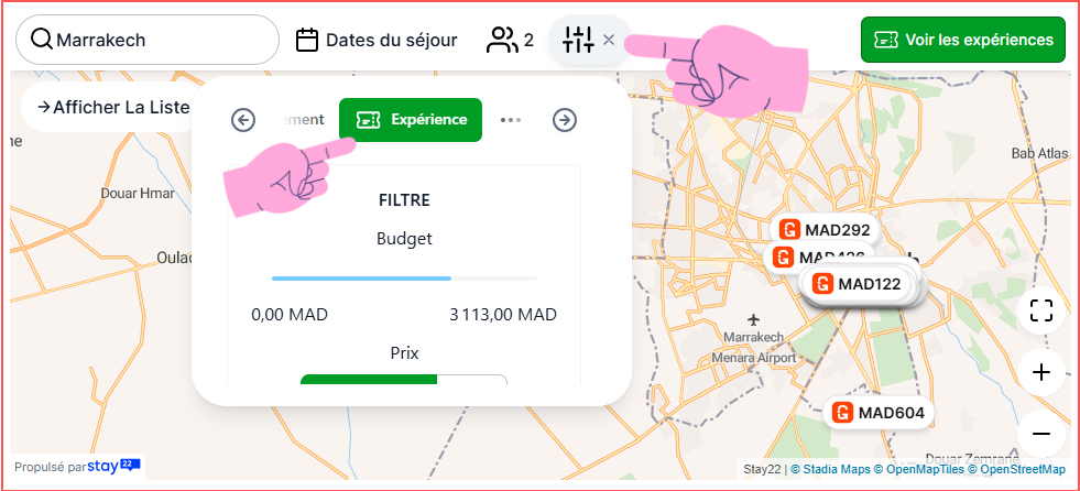 Map of hotels in Marrakech with pink fingers pointing at filter options. Budget range shown. Experience tab highlighted. Locations labeled MAD.