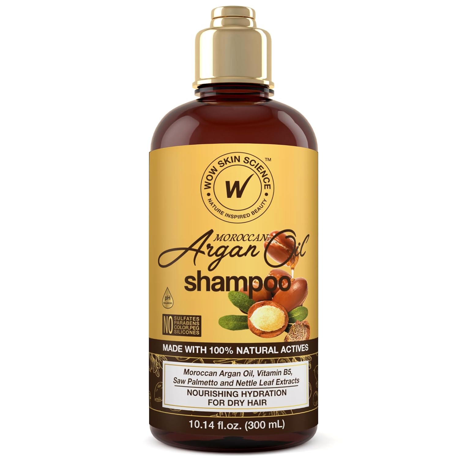 Brown bottle of WOW Skin Science Moroccan Argan Oil Shampoo with gold cap. Label highlights natural actives for dry hair.
