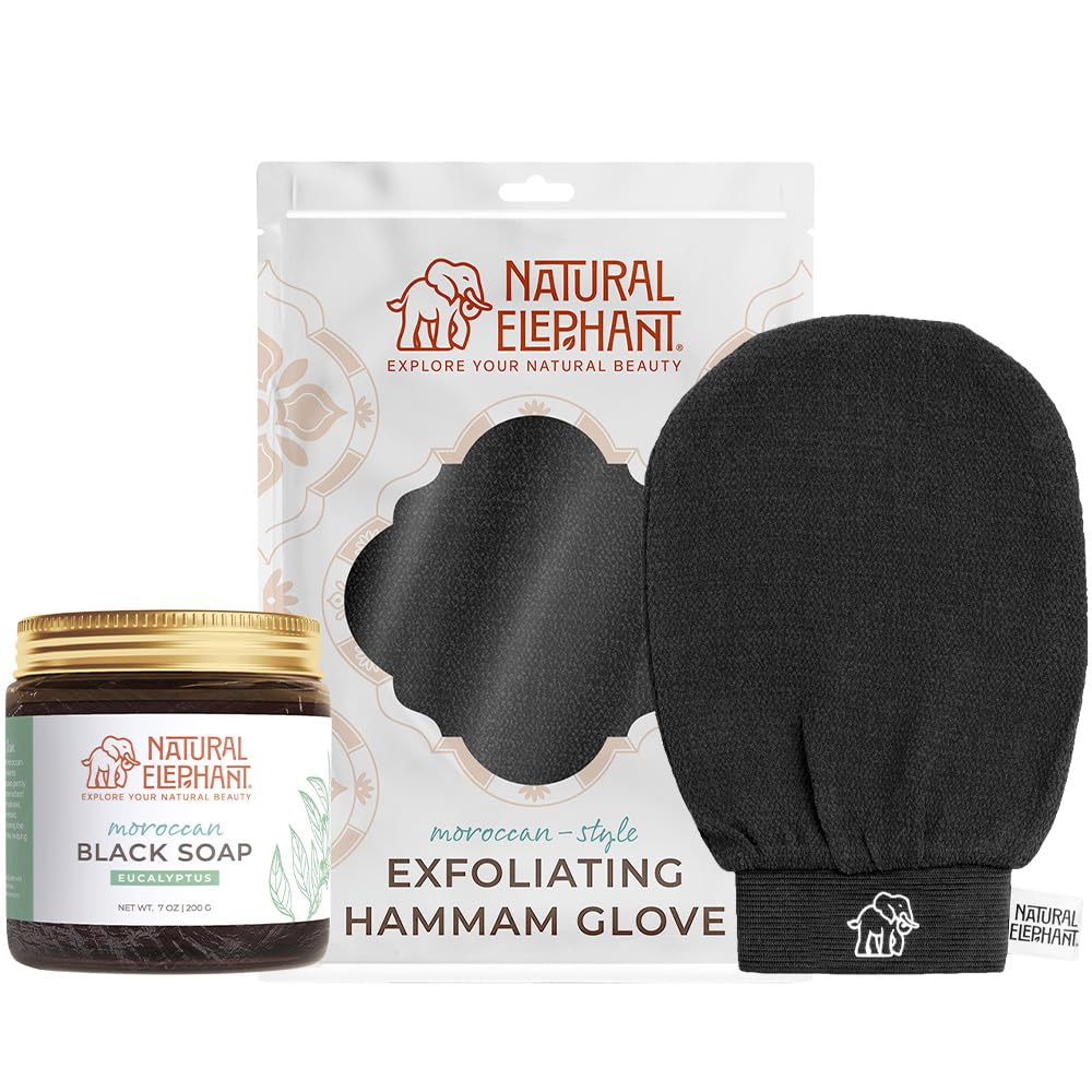 Black exfoliating glove and Natural Elephant black soap jar. White packaging with elegant patterns. Text: ‘Natural Elephant.’