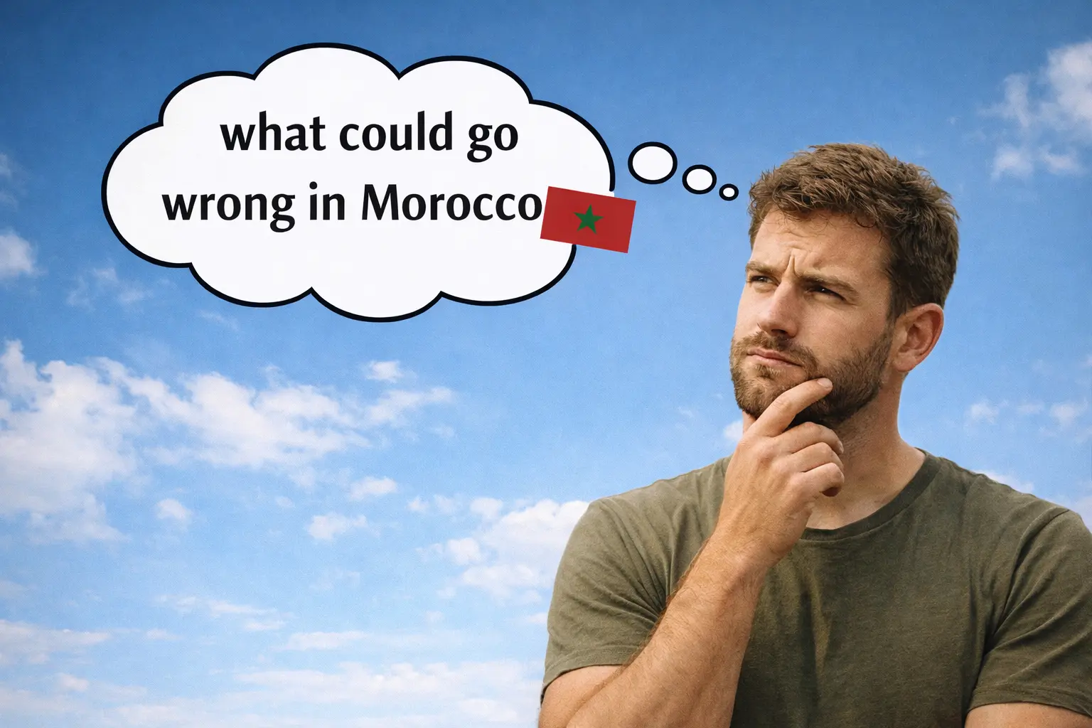 A man thinking about going to Morocco, Wondering first about ‘what could go wrong in Morocco’. He looks interested in Morocco, but also, concerned about the safety there.