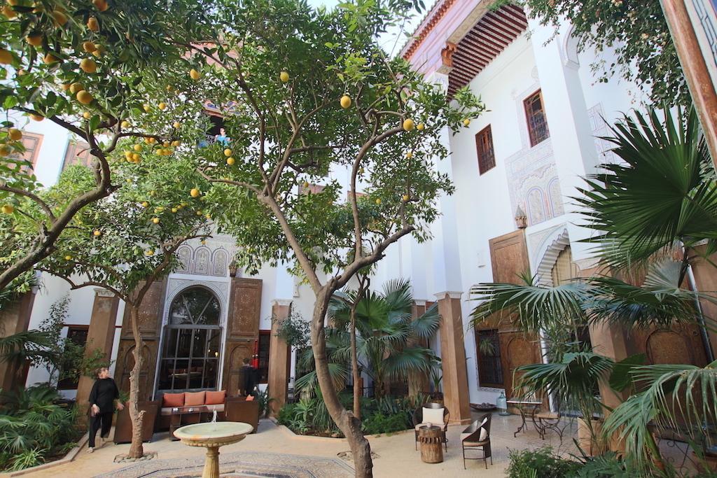 Courtyard with citrus trees, tiled fountain, and seating. Ornate white walls and arched doorways create a serene atmosphere.