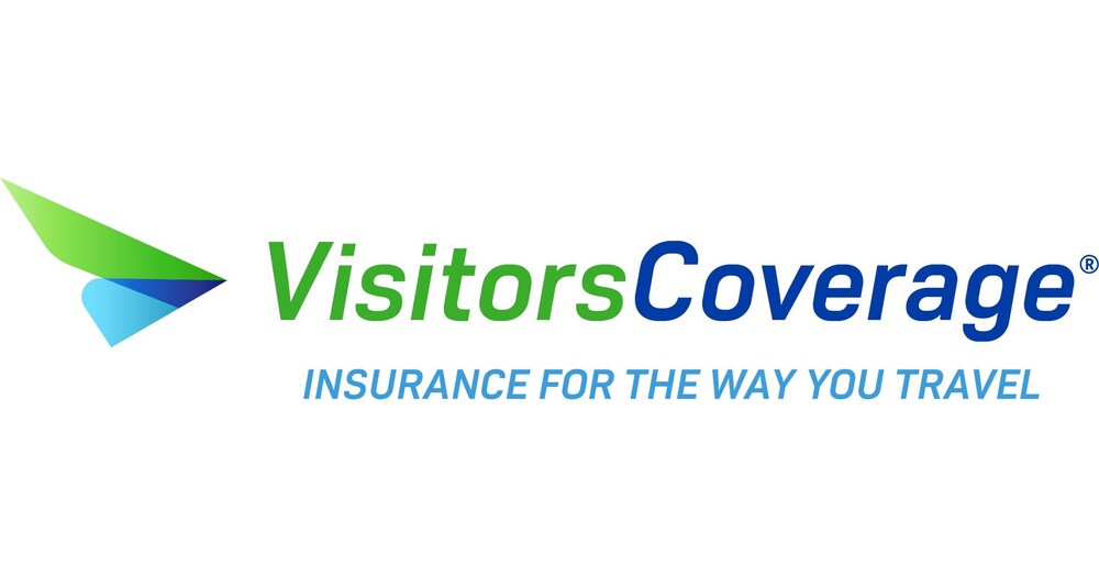 Logo featuring ‘VisitorsCoverage’ text in green and blue with a green and blue abstract design. Tagline: ‘Insurance for the way you travel.’