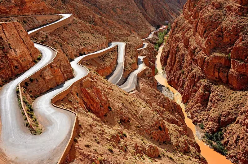 The famous tizi n tichka road in morocco next to a valley