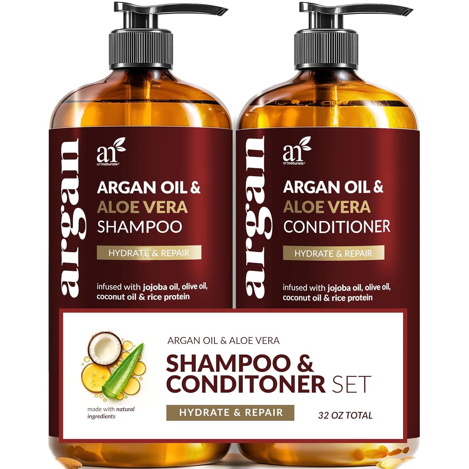 Two amber bottles with pumps labeled ‘Argan Oil & Aloe Vera Shampoo & Conditioner,’ featuring ‘Hydrate & Repair’ text. Packed with oils.