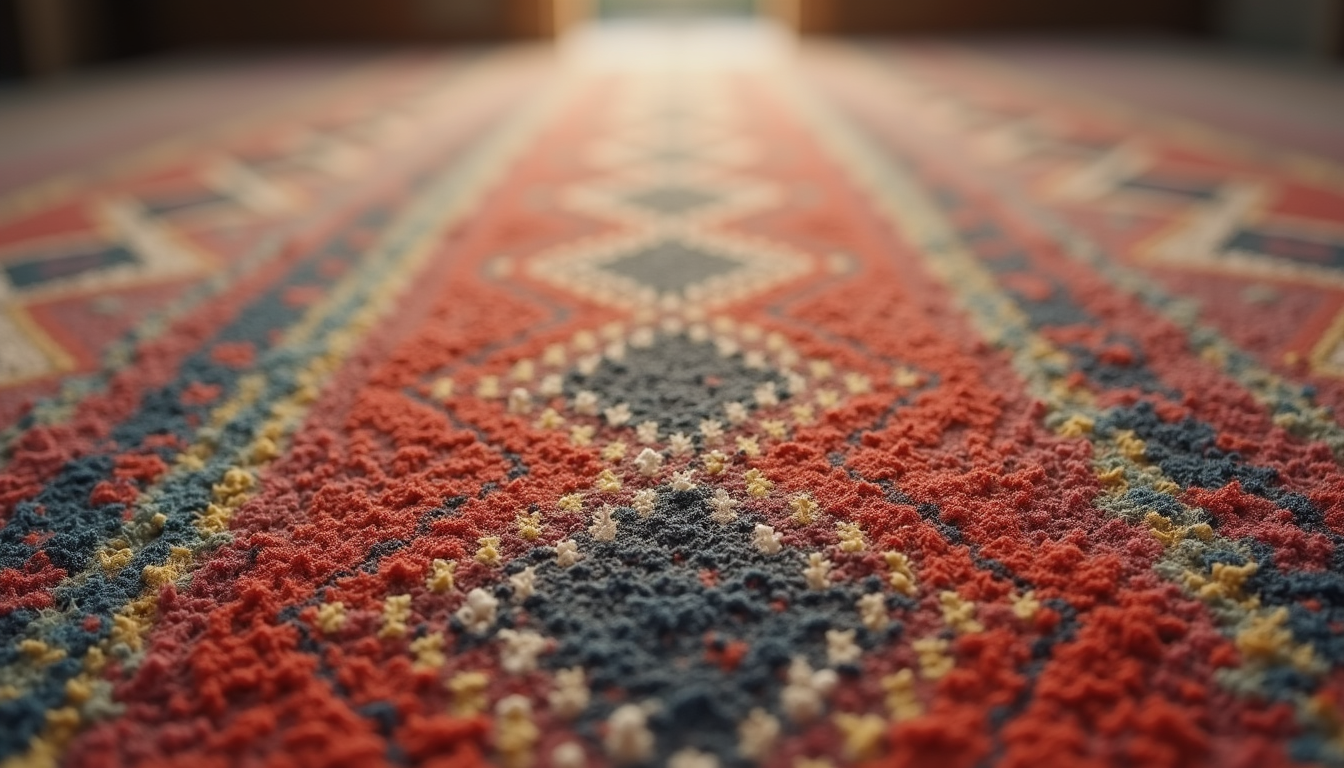 Close-up view of a handwoven Moroccan rug showing detailed patterns