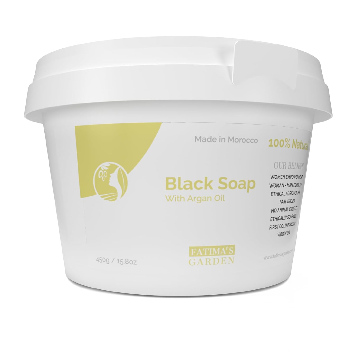 White tub of Fatima’s Garden Black Soap with Argan Oil. Labels highlight natural ingredients and ethical sourcing. Made in Morocco.