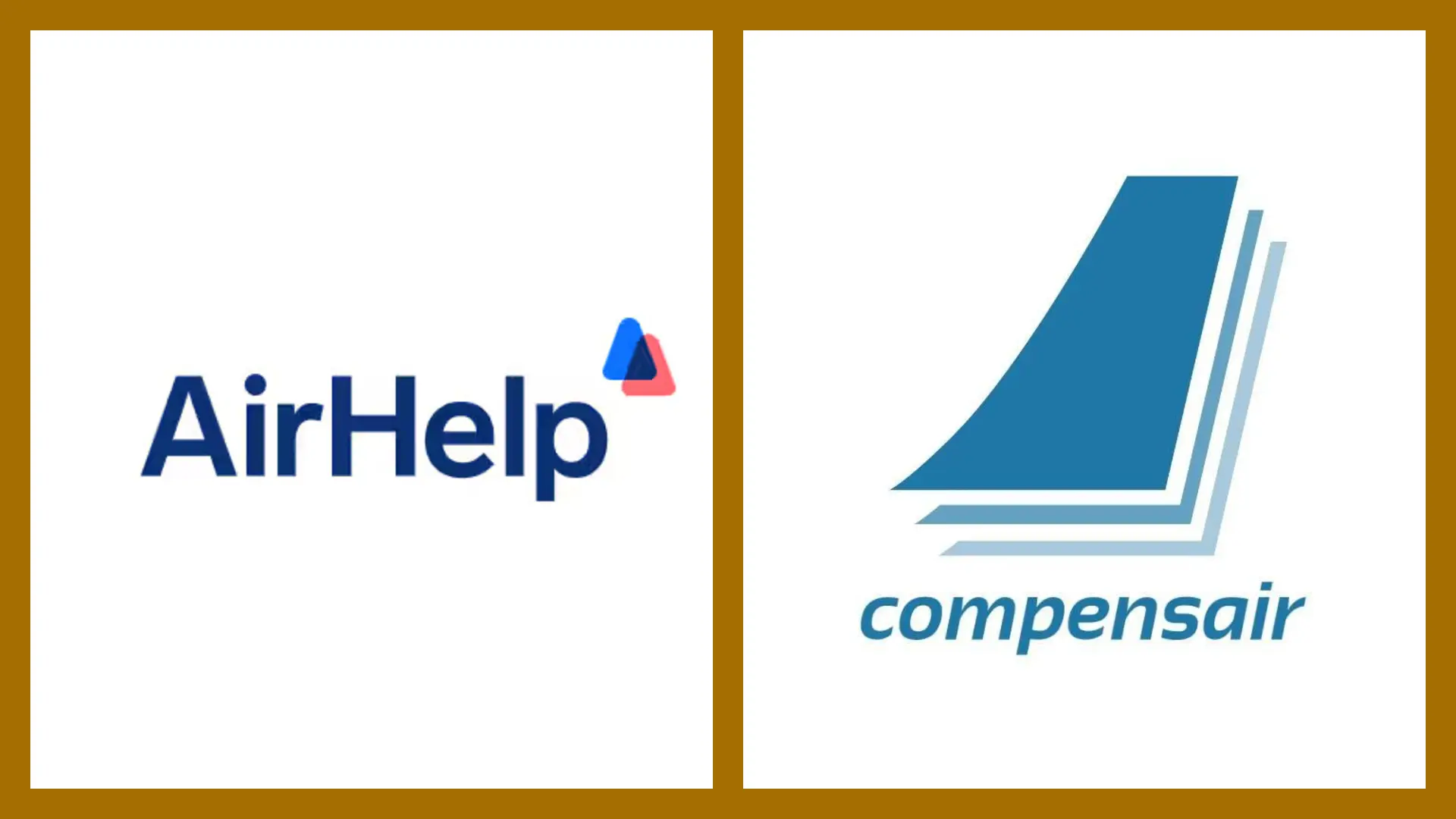 Split image with AirHelp logo on the left in blue and red, and Compensair logo on the right with a blue stylized graphic. White background.