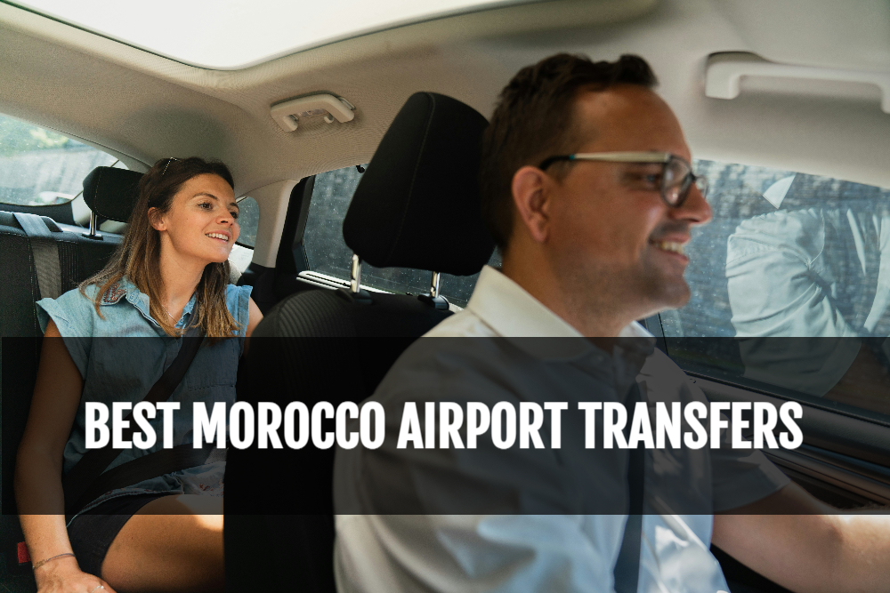 airport transfer driver in morocco with a client and a text saying: best airport transfers in morocco