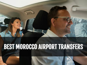 airport transfer driver in morocco with a client and a text saying: best airport transfers in morocco