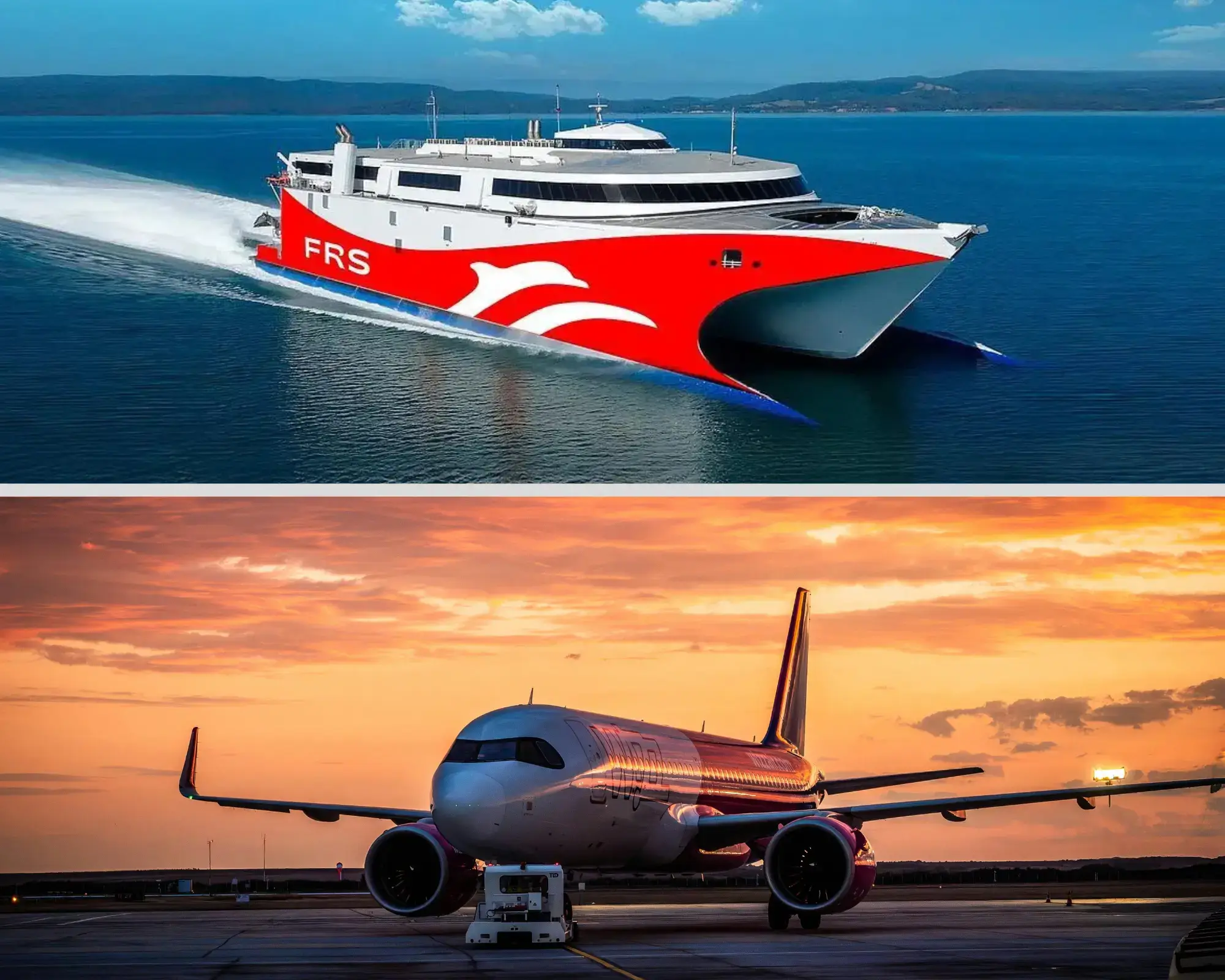 Red and white ferry with ‘FRS’ on the sea. Below, an airplane parked at sunset with a vivid orange sky going to tangier morocco