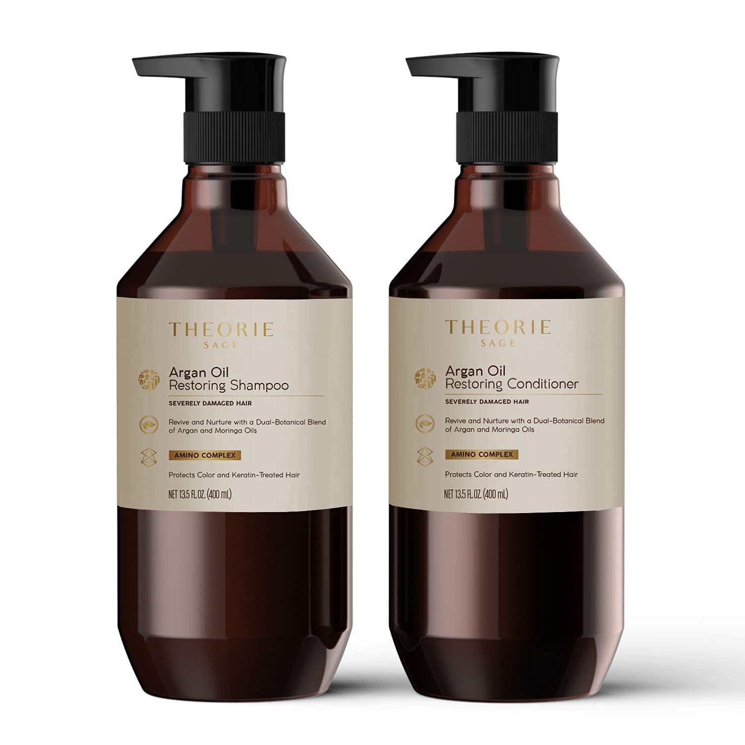 Bottles of Theorie Sage Argan Oil Restoring Shampoo and Conditioner for severely damaged hair on a white background. Labels detail product benefits.