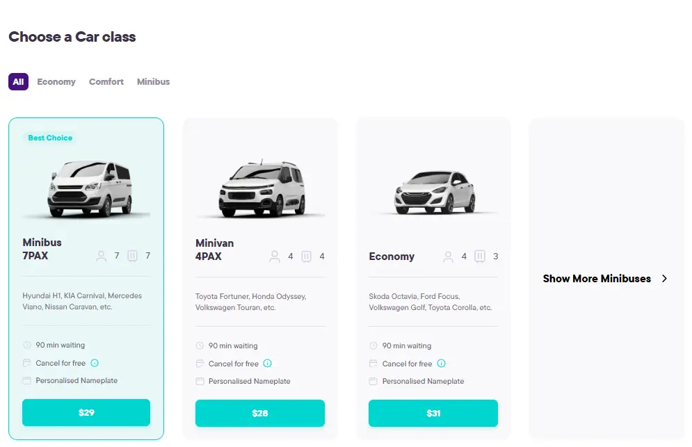 cars options on kiwitaxi website