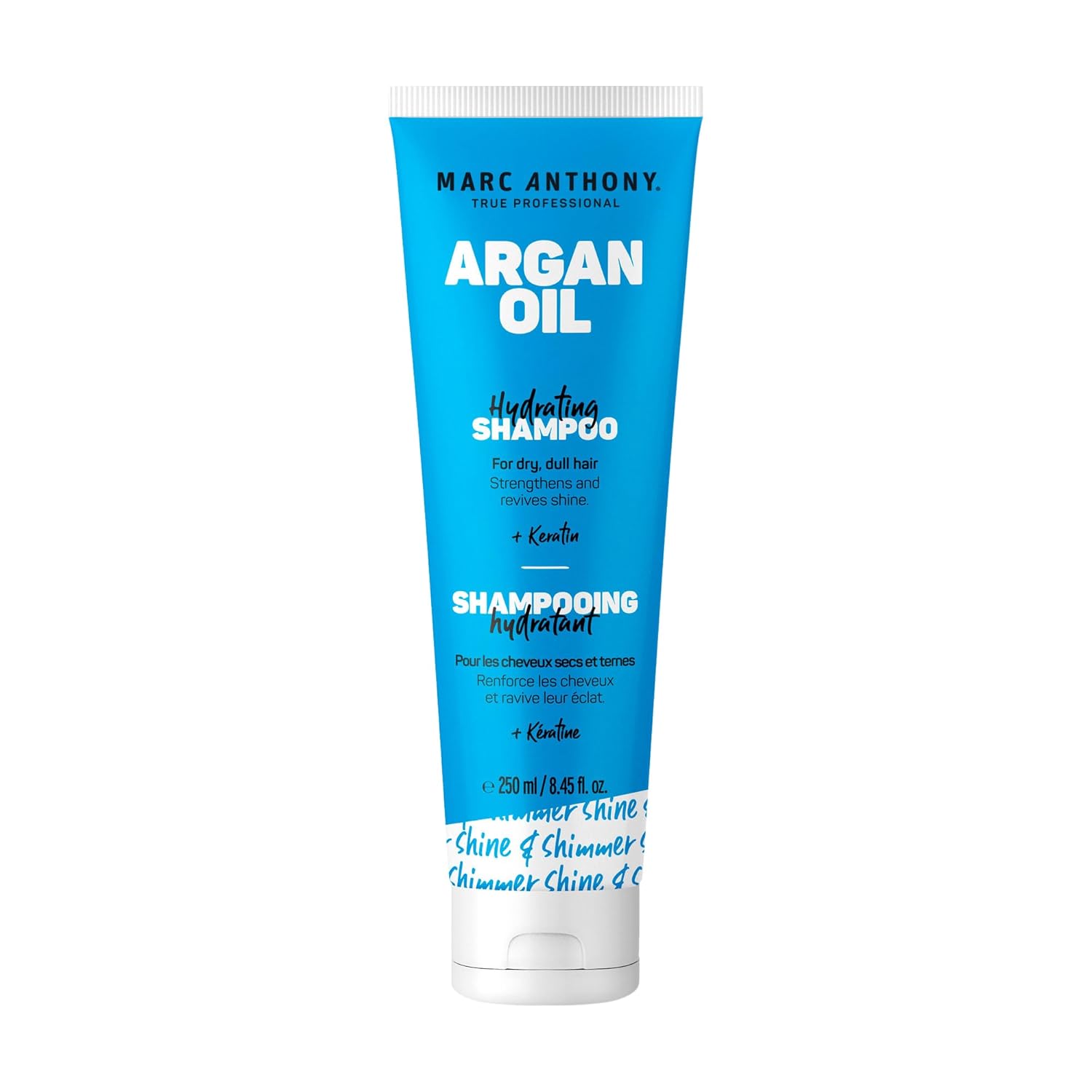 Blue shampoo bottle labeled ‘Argan Oil Hydrating Shampoo.’ Text highlights hydration for dry hair. White cap, minimalist design.