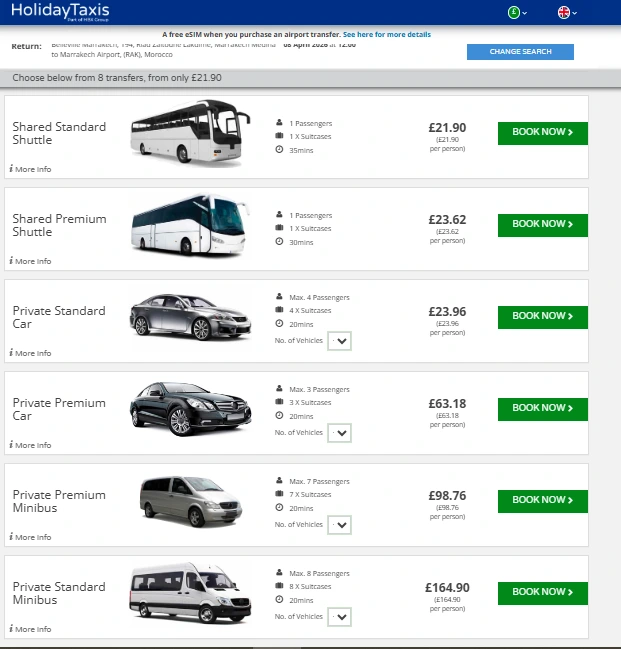 screenshot of morocco airport transfers on holidaytaxis