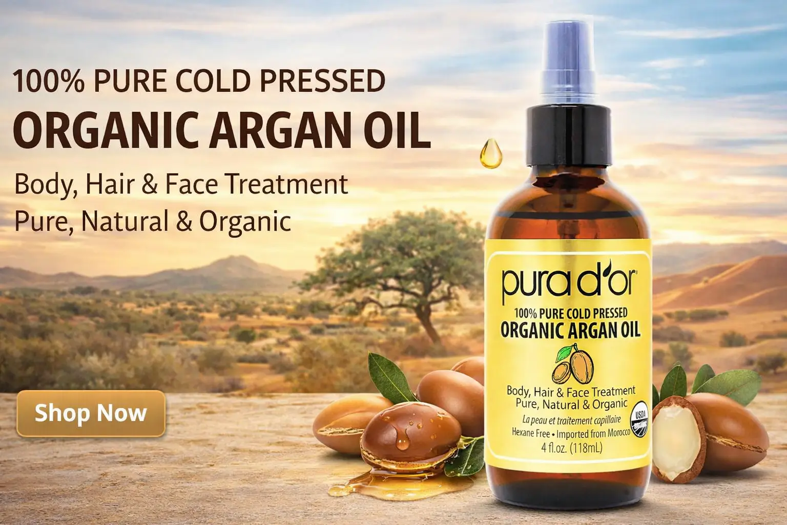 Bottle of organic argan oil with dropper, surrounded by argan nuts and leaves. Deserts in background. Text promotes pure, natural product.