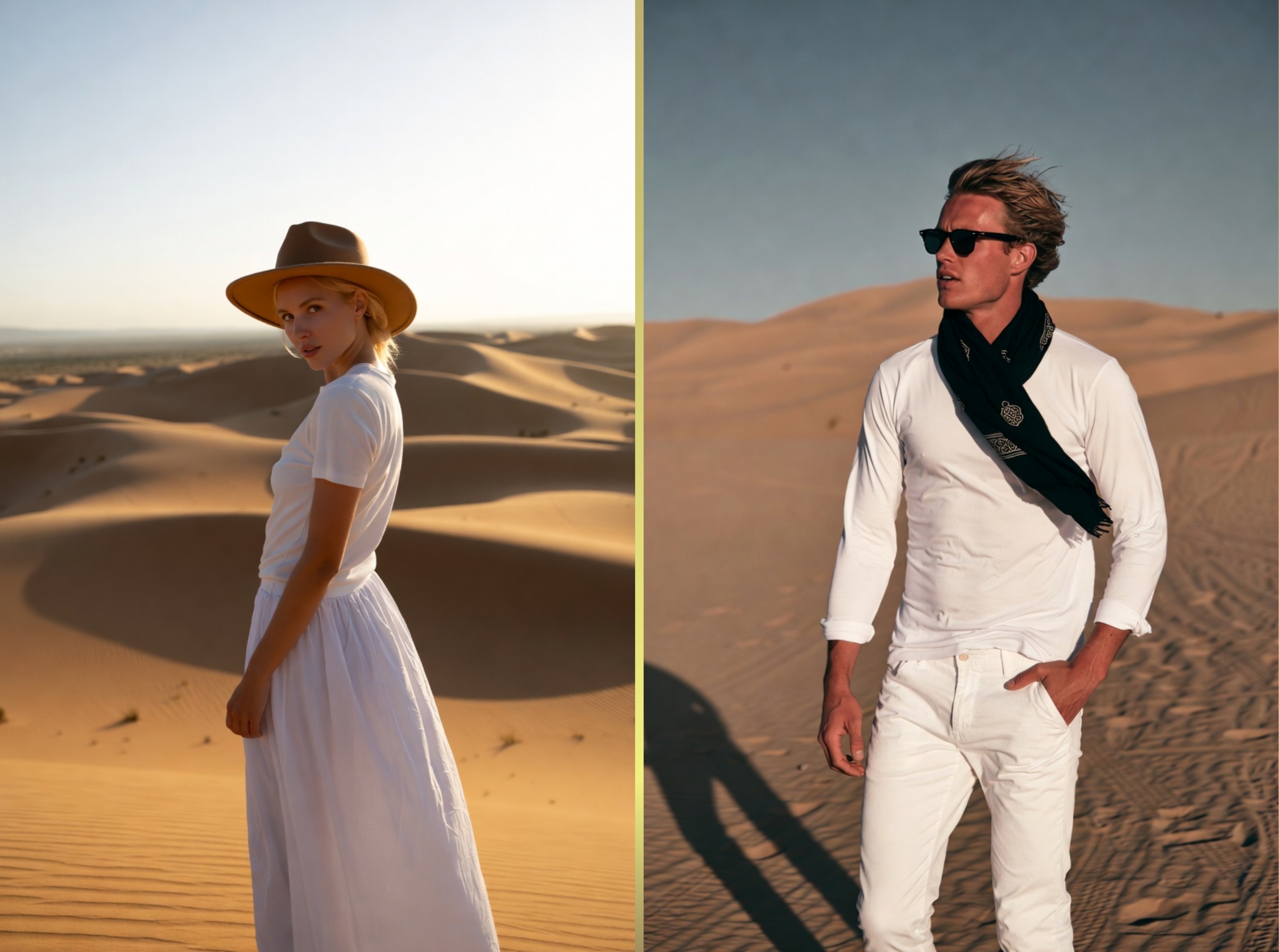 Man and a woman in the Sahara showing what clothes to wear in the Sahara during summer