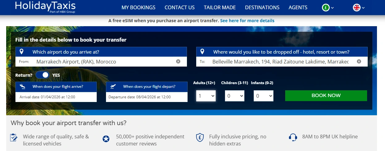 holidaytaxis website interface