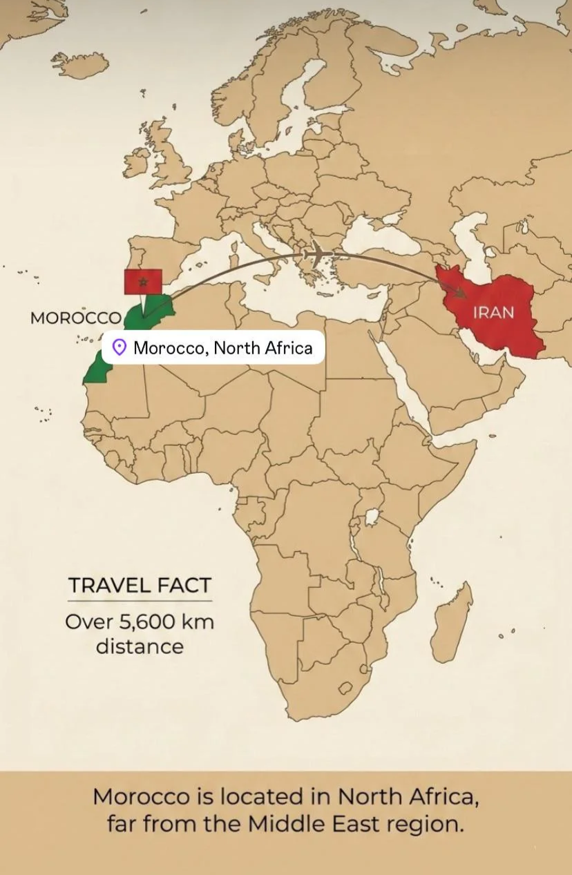 Map highlighting Morocco and Iran with 5,600 km distance. Morocco marked in green, Iran in red. Text notes Morocco in North Africa.