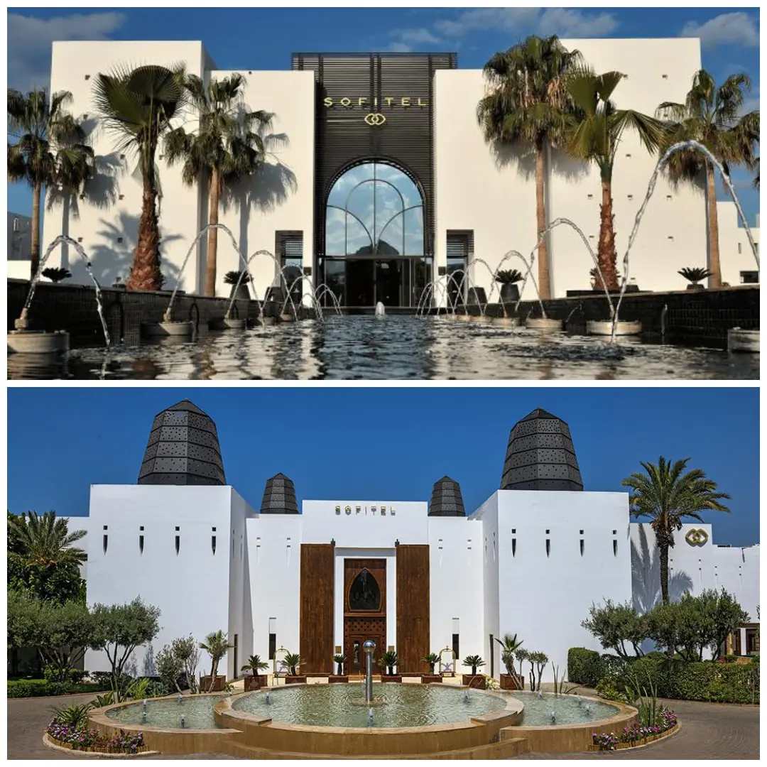 Top: White building with palm trees and water fountains, ‘Sofitel’ sign. Bottom: White building with brown accents, circular fountain, clear sky.