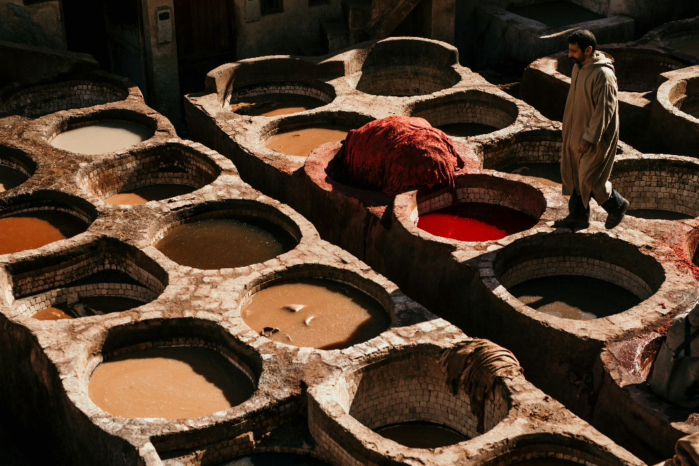 An old tannery in fes where leather is processed the traditional way