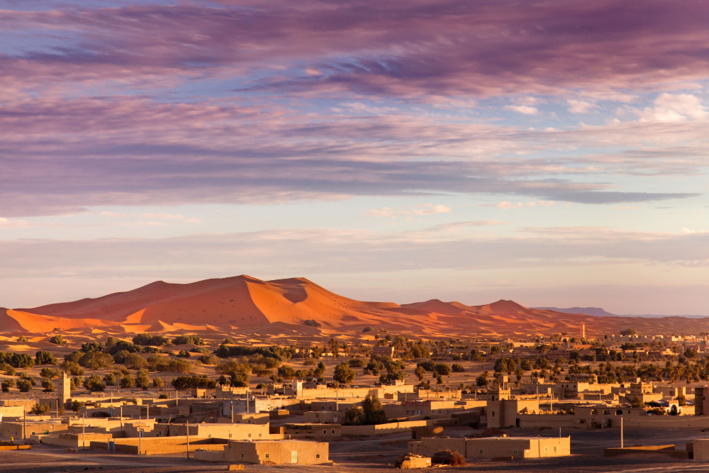 Merzouga desert town with beige buildings and green trees under purple and orange sunset skies, with sand dunes in the background.