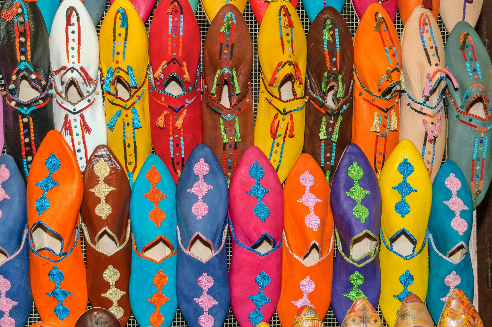 traditional colorful shoes in fes, morocco