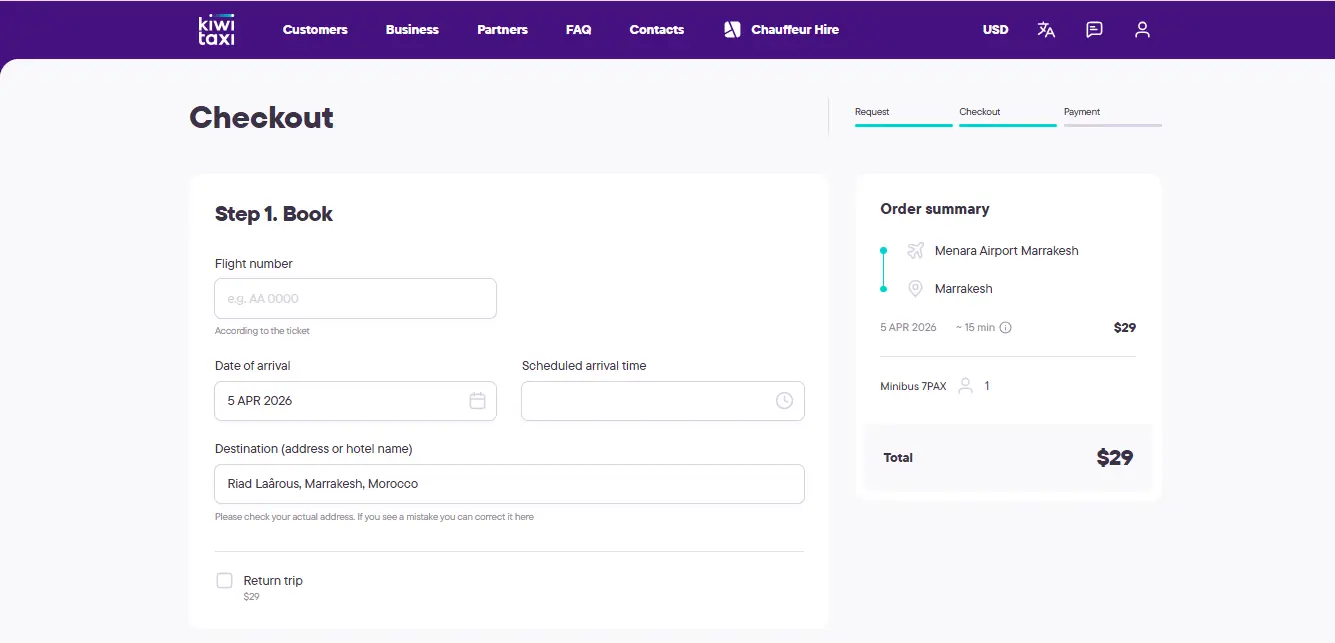 screenshot of kiwitaxi website showing booking process