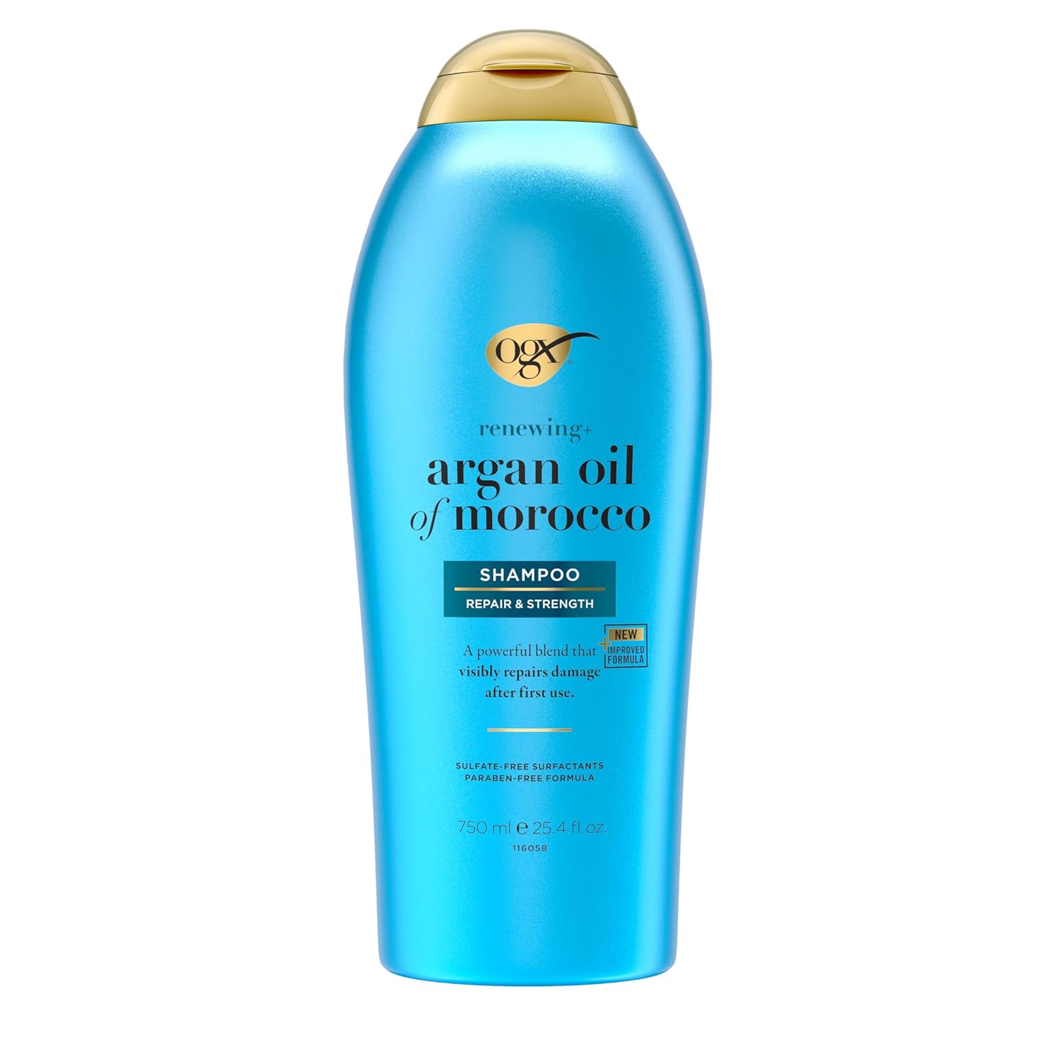 Blue OGX Argan Oil of Morocco shampoo bottle with golden cap, labeled ‘Repair & Strength.’ Text highlights new improved formula. 750 ml.
