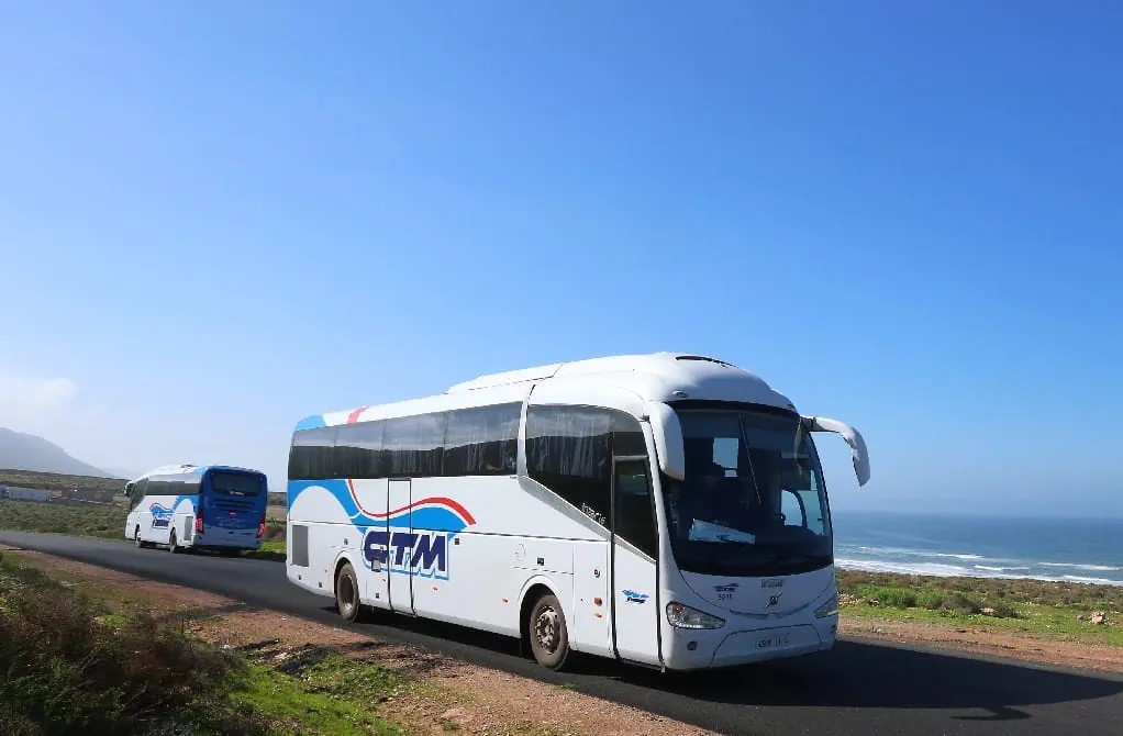 Two white and blue CTM buses drive along a coastal road under a clear sky in Morocco, with the ocean in the background, evoking a serene mood. CTM buses are used to travel between cities in morocco.