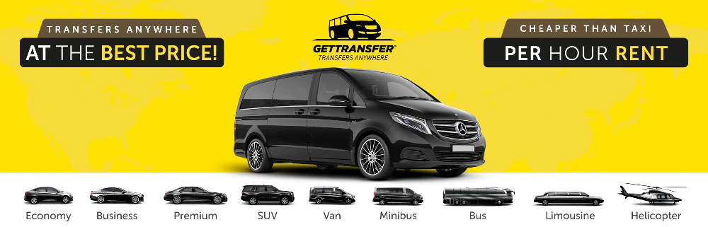 Black van on a yellow background with text ‘Transfers Anywhere At the Best Price!’ and vehicle options, including a helicopter, below.