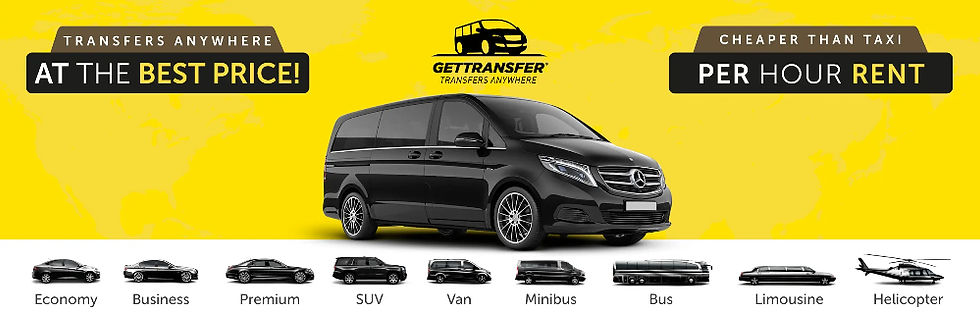 Black van on a yellow background with text "Transfers Anywhere At the Best Price!" and vehicle options, including a helicopter, below.