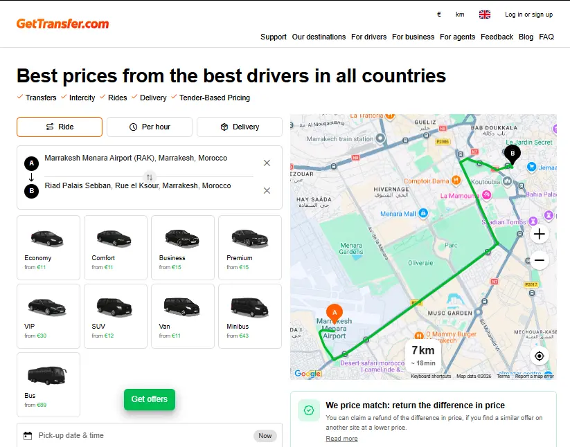 screenshot from gettransfer.com showing booking process detail