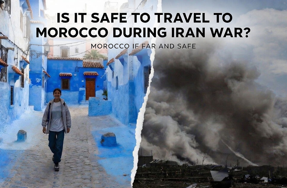 Split image: left shows a smiling person in blue Moroccan street; right shows gray smoke. Text asks about safe travel to Morocco during Iran war.