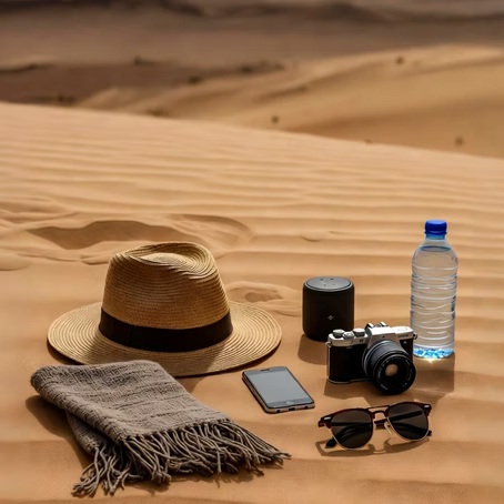 Hat, scarf, phone, camera, speaker, sunglasses, and water bottle on sandy desert dunes. Sunny setting with warm tones.