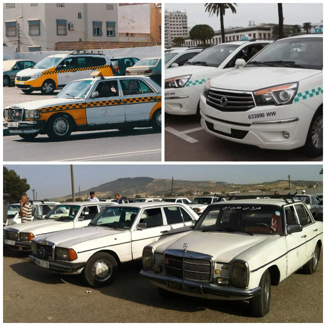 Collage of vintage and modern taxis in morocco; vehicles are white and yellow with green patterns, parked and on the road.