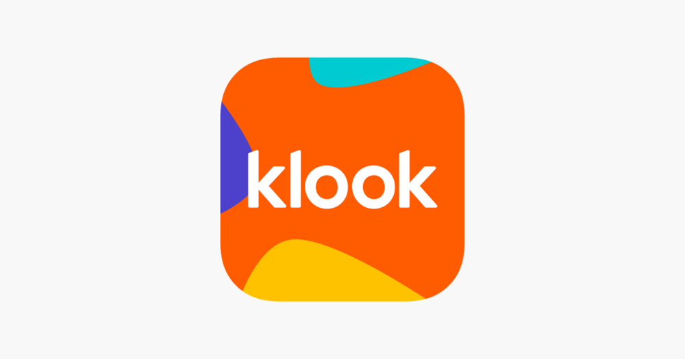 Colorful app icon with ‘klook’ text on an orange background, featuring blue, purple, and yellow abstract shapes, creating a vibrant look.
