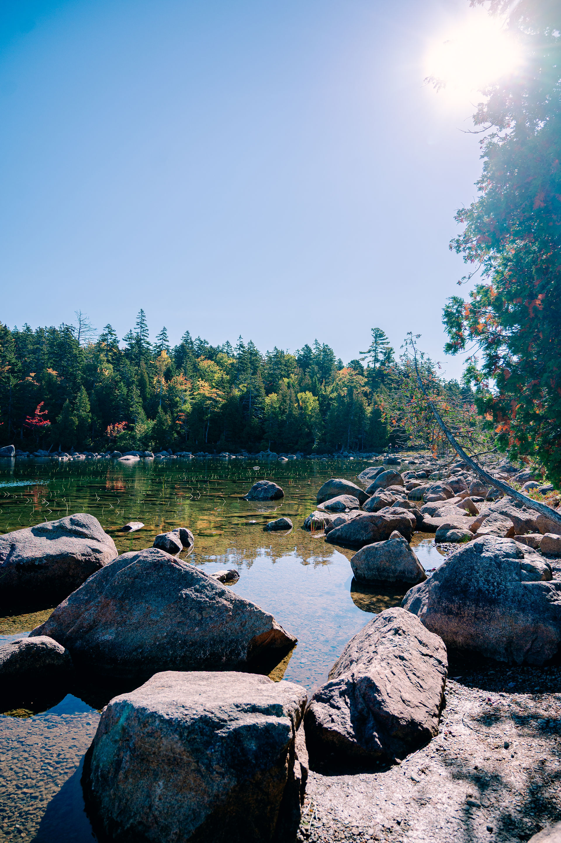Calm water at Jordan Pond with fall foliage in Acadia National Park by photographer Nina Bashaw