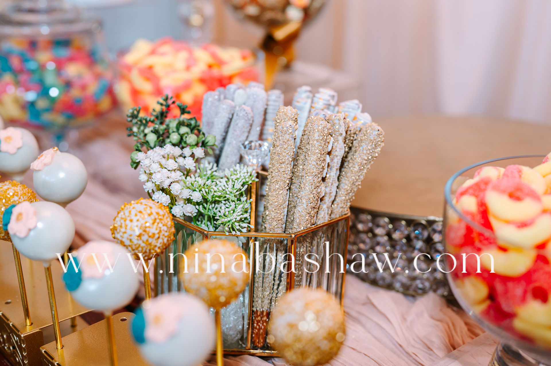 Shimmer and Delights dessert table photographed at Soire Estate Weddings and Events by Tampa food and branding photographer Nina Bashaw