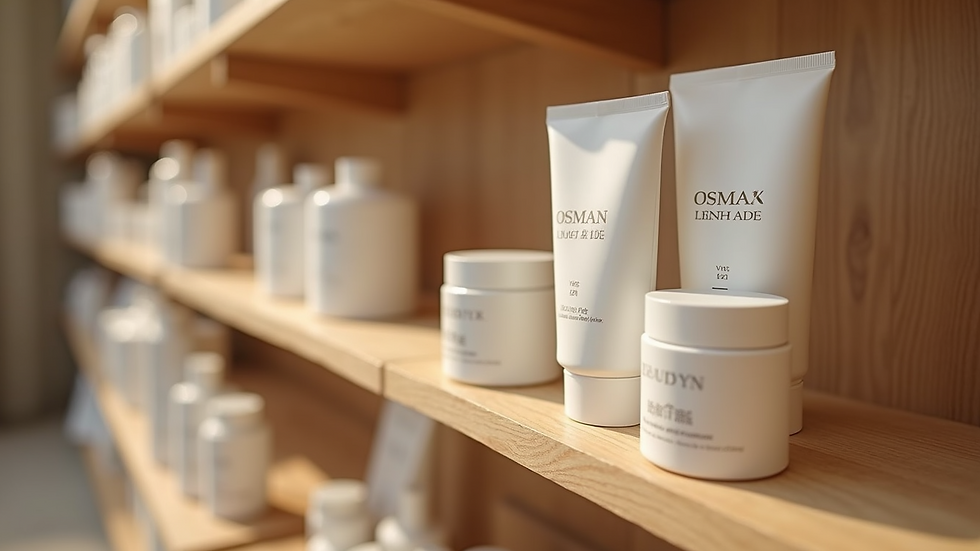 Eye-level view of a skincare product display on a wooden shelf