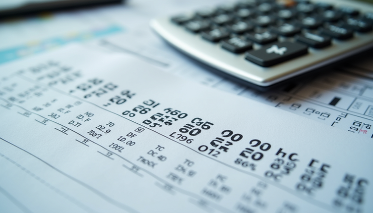 Close-up view of a calculator and tax documents with highlighted numbers