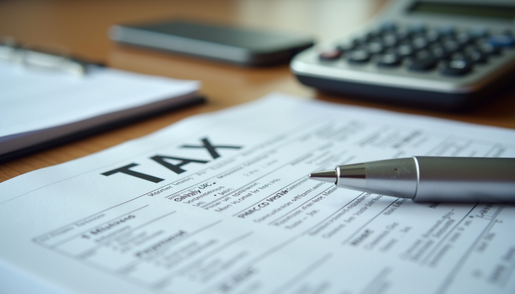 Eye-level view of a tax form with a calculator and pen on a wooden desk
