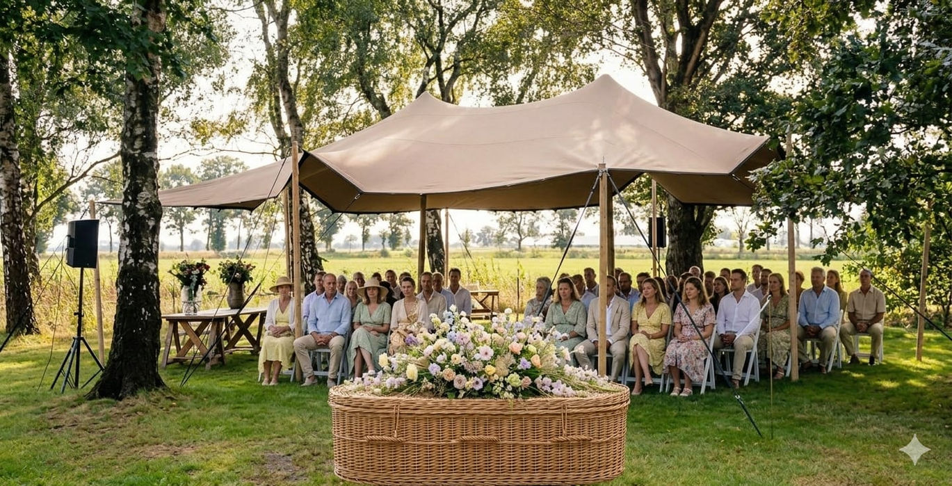 Uitvaart buiten met kist vol bloemen onder een tent.