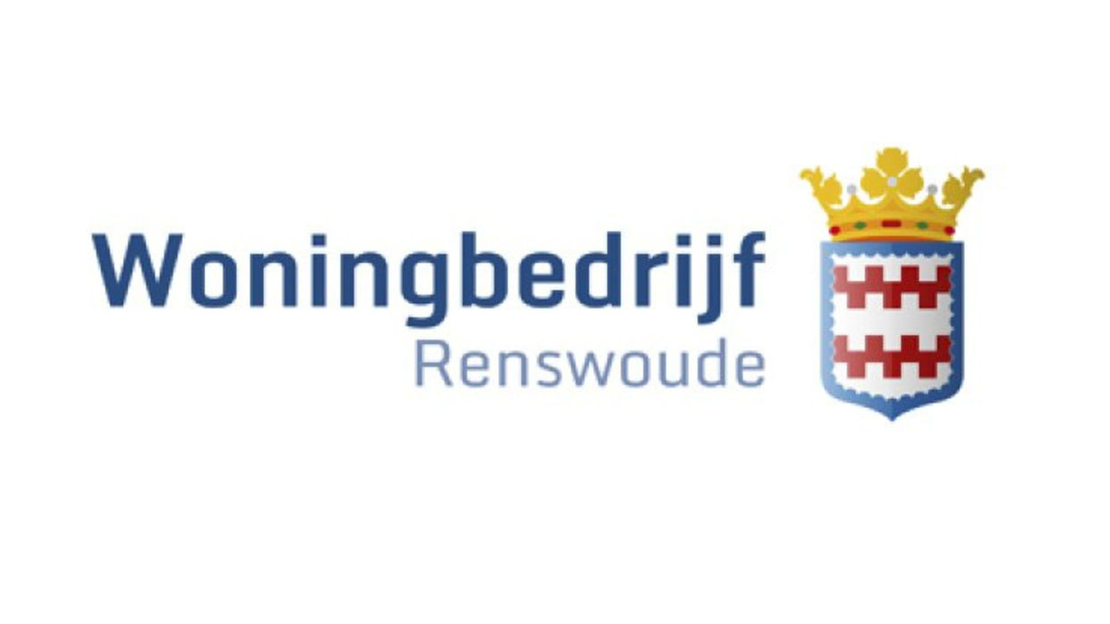 Woningbedrijf Renswoude logo met kroon en wapen, blauwe tekst op wit.