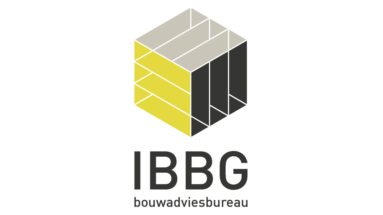 IBBG bouwadviesbureau logo, kubus met gele en grijze vlakken, tekst eronder.