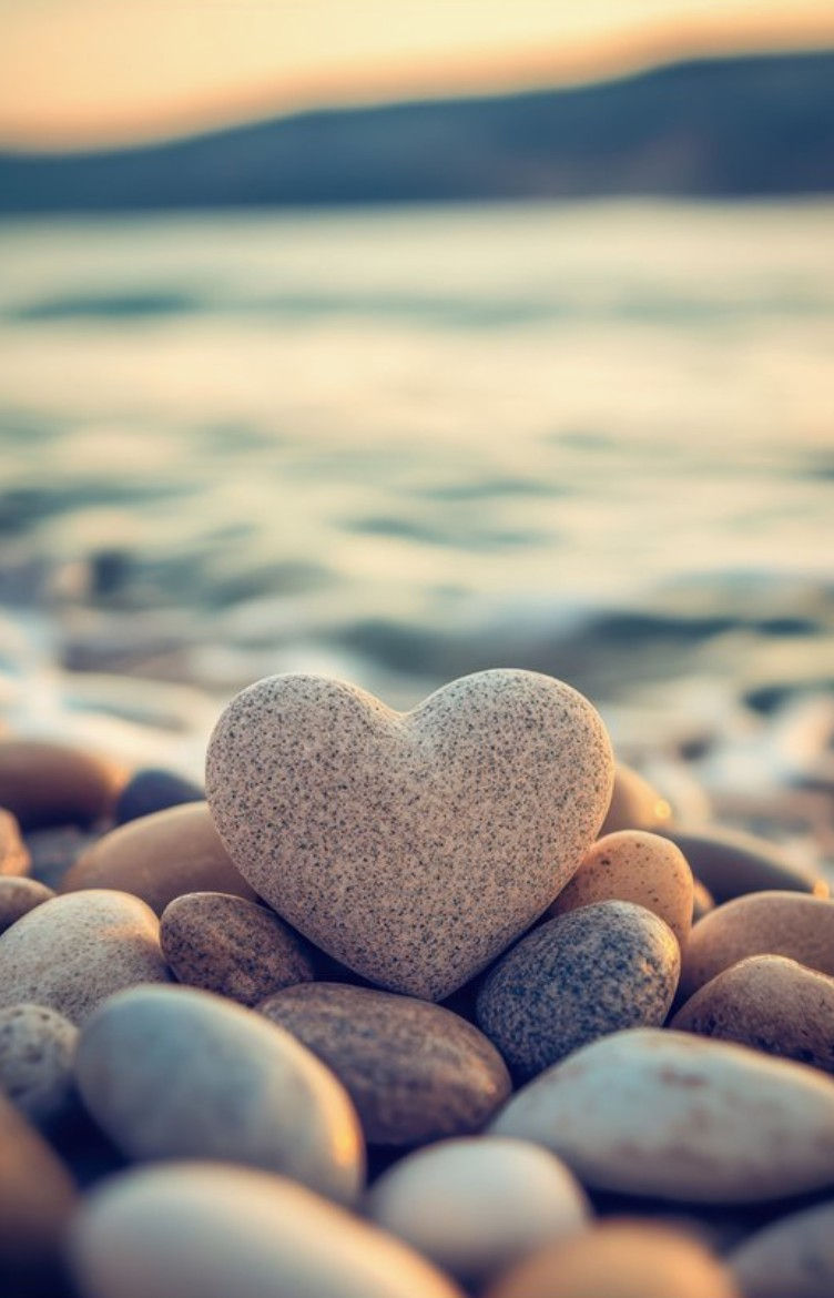 Een steen in hartvorm bij een rustig golvende zee