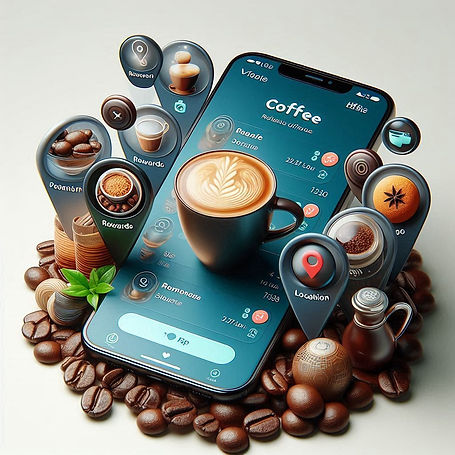realistic coffee beans with mobile app elements, rewards, location services, and personalized coffee.png