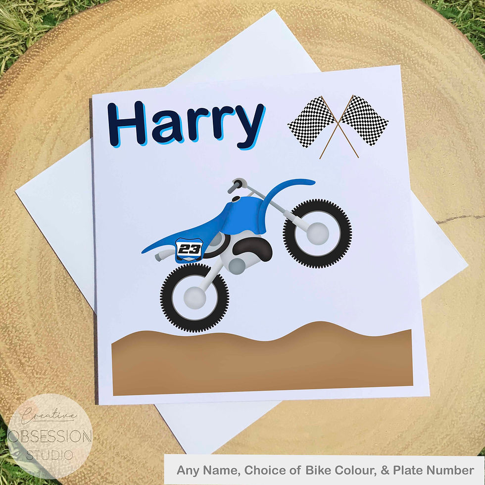 Thumbnail: Child's Cartoon Motorcross, MX, Dirt Bike Personalised Greeting Card, Birthday Card Fully Personalised