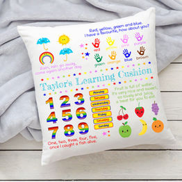 Gender Neutral Luxury Learning Cushion. Fully personalised in any colour you would like. These make great nursery decor, new baby gifts and travel cushions for young ones.