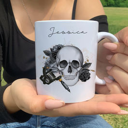 Feminine Floral Tattoo Lover White Mug with gold accent leaves. Fully personalised with your chosen name and message.