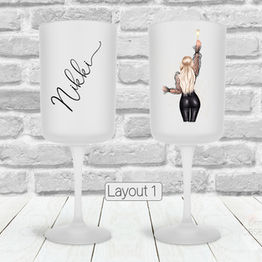 Frosted Wine Glass with Name and Personalised Sexy Best Friend Character.